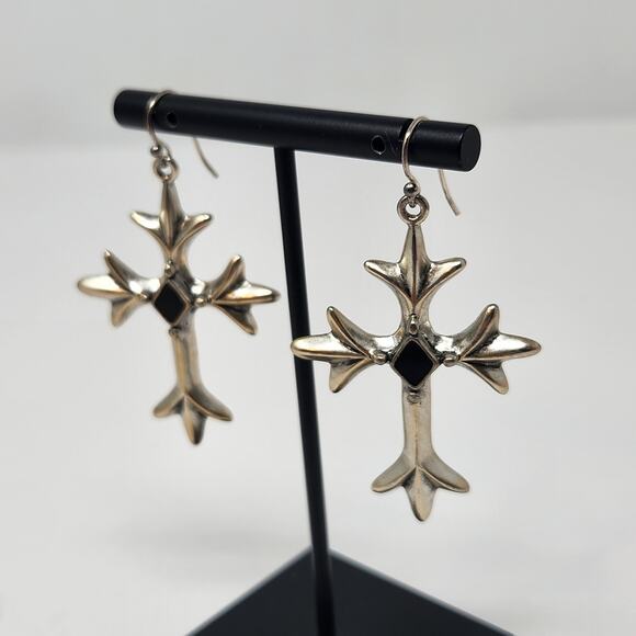Cross Silver Tone Black Enamel Large Dangle Drop Hook Earrings Religious Jewelry - Picture 2 of 4
